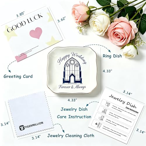 Happy Wedding Jewelry Dish, Forever & Always Ceramic Ring Holder Tray, Wedding Bridal Shower Gift for Bride Couple, Trinket Tray for Rings Earrings Necklaces - style: Happy Wedding