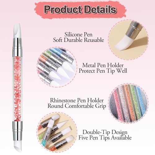 5Pcs Silicone Nail Tools, AIBEE Dual Tipped Nail Sculpting Tool Acrylic Handle Rubber Nail Brush Nail Art Tools for Design Carving Drawing Shaping