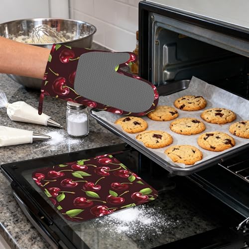 Red Cherry Heat-Resistant Silicone Oven Mitts and Pot Holders,Long Oven Gloves with Non-Slip Grip for Cooking, Baking, Grilling,BBQ - color: Red Cherry
