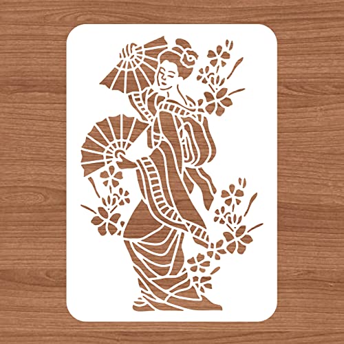 BENECREAT Japanese Geisha Stencils, 8x12inch Oriental Dancer Large Plastic Reusable Painting Templates Stencils for Scrapbooking, Floor Furniture, Wall Art