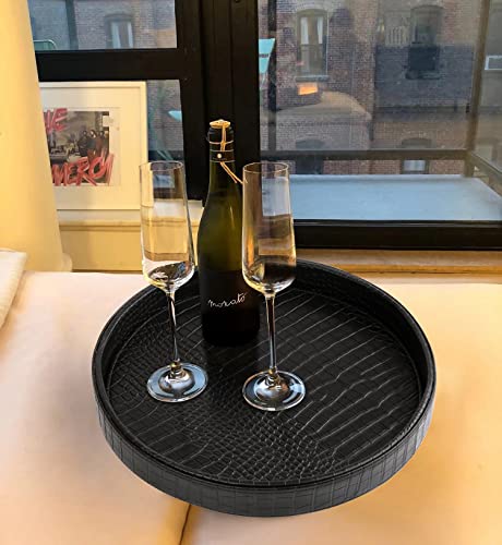 HofferRuffer Faux Leather Round Serving Tray, Vegan Croco Leather Decorative Tray, Food Tray for Storage Drinks, Snack & Cosmetics, Dia.12'' x 1.6'' (Black) - color: Black, size: 12"