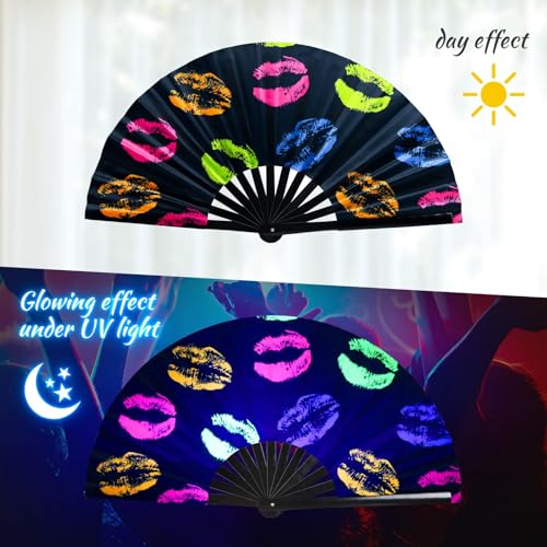 SYNTECSO Folding Hand Fan for Rave, UV Glow Clack Fan - color: Flaming Lips