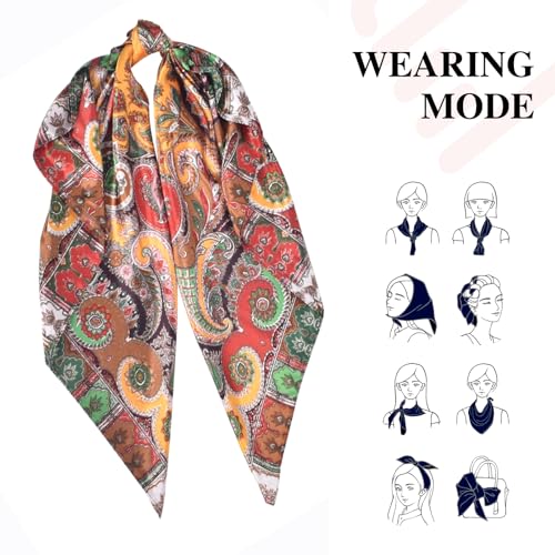 35 Inches Silk Head Scarf-Satin Hair Scarves Silk Bandana Scarf Headscarf for Women's Fashion Scarves - color: Cashews With Buddha-yellow