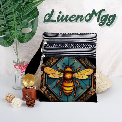 Stained Glass Pattern Crossbody Handbag with Zipper Butterfly World Tree Bee Aesthetic Present for Woman - color: Stained Glass Bee