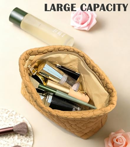 Puffy Quilted Makeup Bag, Cosmetic Bag, Travel Toiletry Organizer Pouch, Clutch for Wom (Khaki Flower) - color: Khaki Flower