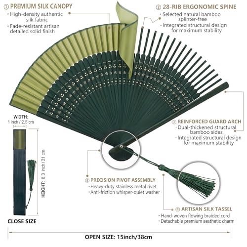 Japanese Folding Hand Fan for Women - Bamboo Silk Handheld Foldable Fan with Tassel & Pouch for Hot Flashes, Rave, Church, Gift,Wedding - Whisper-Quiet, Purse Size (Gradient Green) - color: Gradient Green