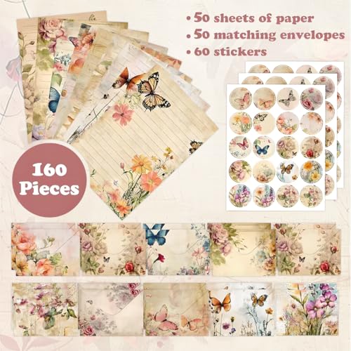 FUNCLASS 160 Pcs Vintage Butterfly Stationery Set Letter and Envelopes - color: Vintage Butterfly