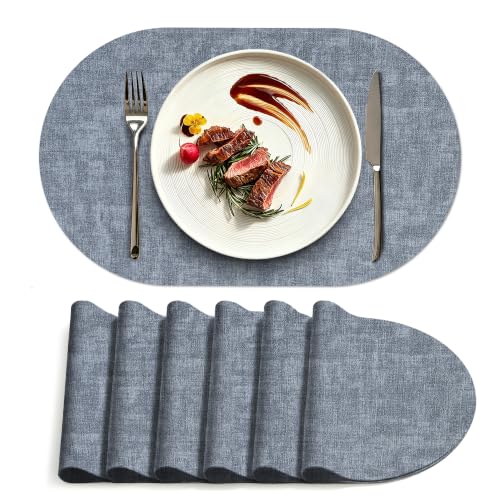 Placemats Set of 6, 17.7 x 11.8 Inch Oval Faux Leather Place Mats - color: R-blue