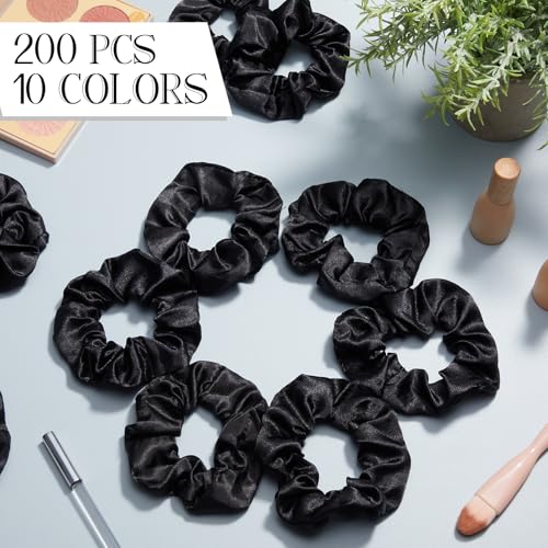 Hoteam 200 Pcs Satin Hair Scrunchies Bulk Ponytail Holders, Black - color: Black
