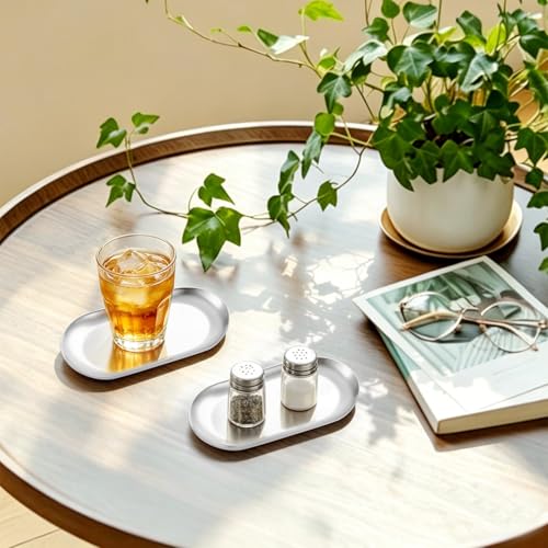 2 Pcs 7" Stainless Steel Decorative Tray Oval Jewelry Dish Cosmetics Organizer Bathroom Vanity Serving Platter Small Storage Trinket Ring Holder for Perfume Candle Key (Silver) - color: Silver