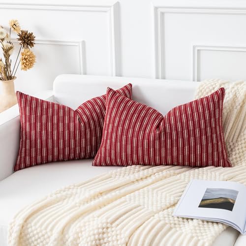 Kevin Textile Valentines Wine Red Lumbar Pillow Covers 12 x 20 Set of 2 Farmhouse Boho Woven Texture Linen Pillow Covers for Sofa Couch Living Room Bedroom Farmhouse Décor for The Home - color: A-wine Red, size: 20" x 12" (Pack of 2)