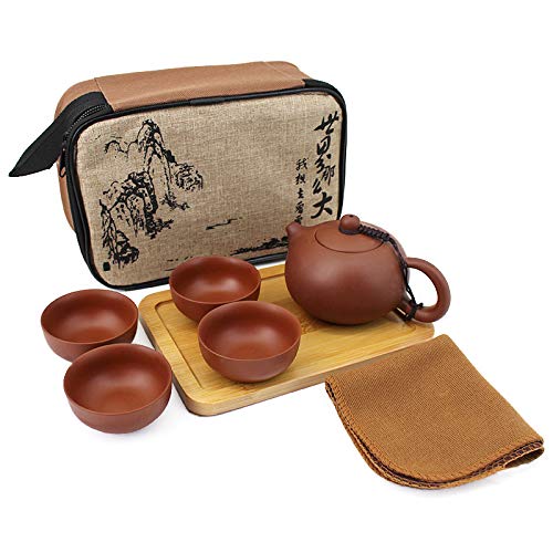 Queena Yixing Purple Clay Tea Set, Kung Fu Teapot with 4 Cups & Travel Bag