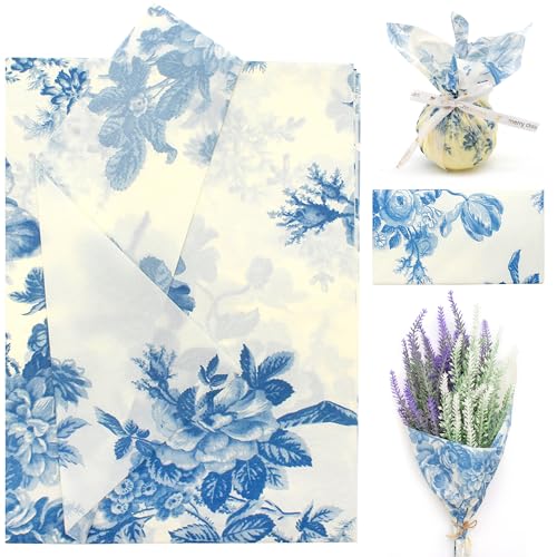 Benvo 20 Sheets Floral Print Tissue Paper 20 inch x 29 inch Decoupage Paper Decorative Tissue Gift Wrapping for DIY Art Craft Spring Wedding Birthday Baby Shower(Style B) - color: Blue Peony