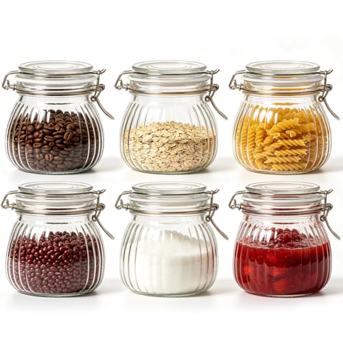 ComSaf Small Ribbed Glass Jars with Airtight Lids 17 oz 6 Pack Wide Mouth - size: 17 fl oz x 6 - Ribbed