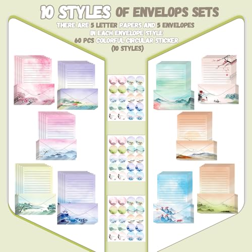 TaoBary 160 Pcs Ink Painting Stationery Paper and Envelopes Set, 8.5 x 11'' - size: 8.5 x 11 Inch, style: Ink Painting