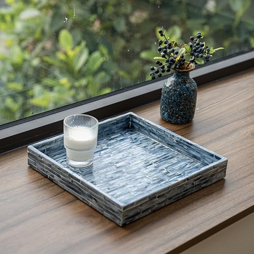 PEMAR Mother of Pearl Decorative Tray, 11x11 Square Blue Mosaic Tray - color: Midnight Blue Brick