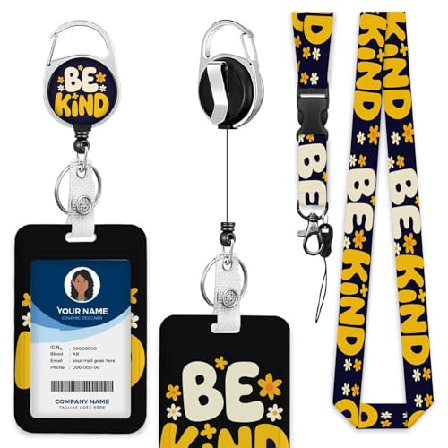 ID Badge Holder Be Kind Badge Holder with Lanyard Small Yellow Flower Badge Holder for Workplaces Events Schools - color: Be Kind