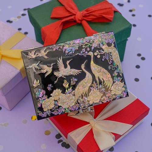 February Mountain Mother of Pearl Decorative Box Exquisite Black Lacquer Jewelry Box with Mother of Pearl Crane and Peony Design - style: Crane