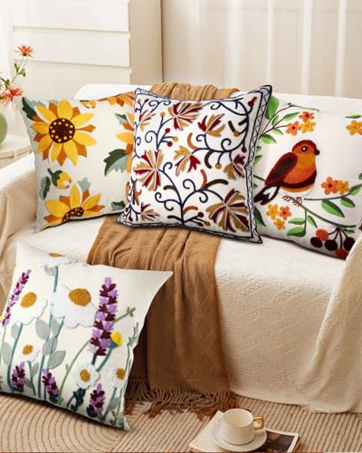 Embroidered Throw Pillow Cover, 18x18 Inch, Fall Floral - color: Fall Flower, size: 18" x 18" (Pack of 1)
