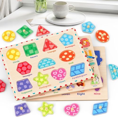 Zeoddler Wooden Montessori Puzzles for Toddlers, 3 Pack ABC, Number and Shape Puzzle for Kids, Preschool Learning Activities, Gift for Girls Boys