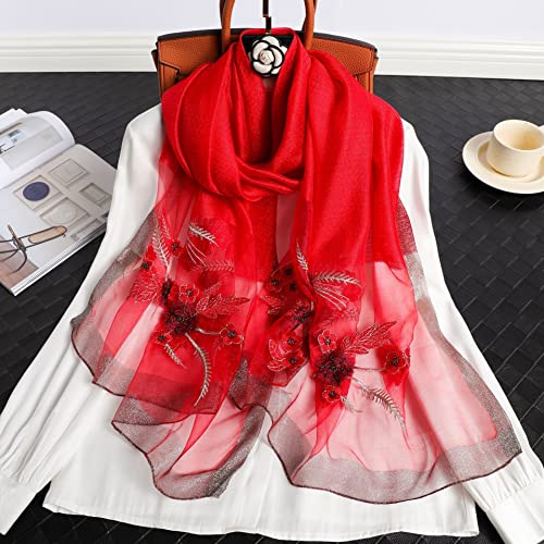 Jeelow Long Silk Blend Embroidered Floral Shawl Scarf Wrap for Women - color: Scarlet Whisper