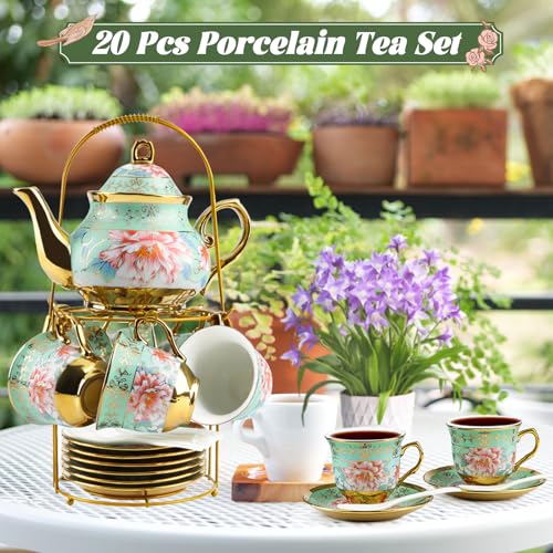 20Pcs Porcelain Tea Set with Metal Stand,European Vintage Tea Set for Adult - color: Green