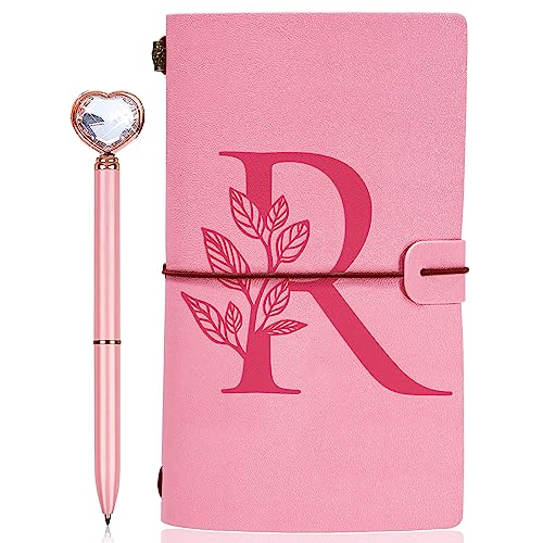 Personalized Journal Gift-Pink Initial Leather Journal+Heart Diamond Pen Set,Travel Notebook Diary Gifts,Refillable Notepads,Christmas,Birthday Gifts for Women Girls (7.9"x4.7") (R) - style: R