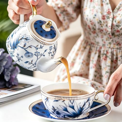 KAMMAK Tea for One Set, Ceramic Teapot, Bone China Tea Set, Cup and Saucer - color: Blue-GH7