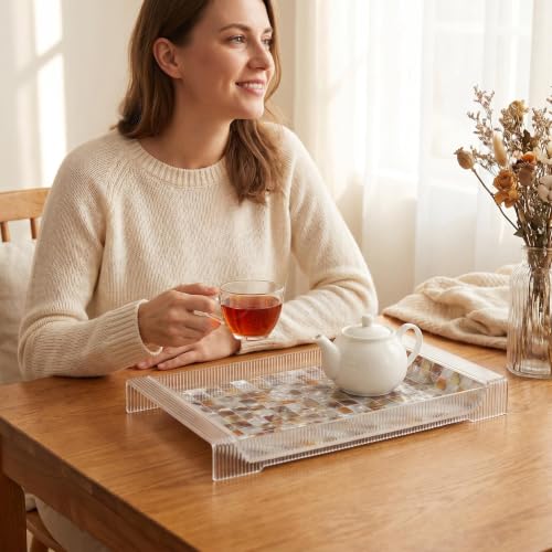 Decorative Tray with Pearlescent Design，Multifunctional Acrylic Serving Tray with Handles，15" Mother of Pearl Tray for Coffee Table, Nightstand,Ottoman or Living Room