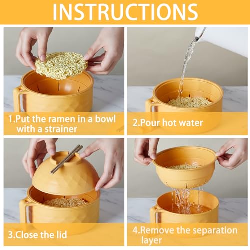 1 Set Microwave Ramen Cooker Bowl with Utensils, Yellow - color: Yellow