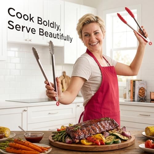 Kitchen Mama DuoEssentials Cooking Tongs Set, Red - color: Red