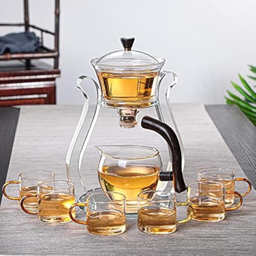 RORA Lazy Kungfu Glass Tea Set Semi Automatic Drip Rotating with Infuser Glass Teapot Set (6 cups) - color: Clear, size: teapot set