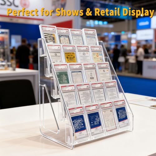 2 Pack 3-Tier Greeting Card Display Stand – Clear Vertical Riser Shelf Rack Holder for Trading Baseball Basketball Sports Graded Game Cards