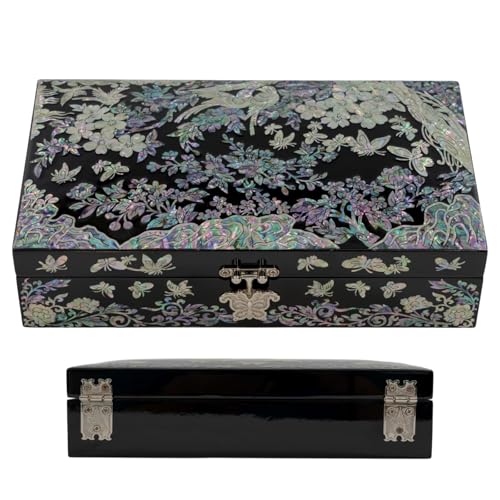 February Mountain Mother of Pearl Jewelry Organizer box - Handmade Large Wooden Box Romantic Anniversary Birthday Gifts for women (Butterflies and birds in the forest) - style: Butterflies and birds in the forest
