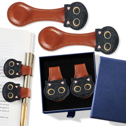 Ovesmusl 2Pcs PU Leather Cat Magnetic Bookmarks with Pen Holder - style: Cat (Brown+Brown)