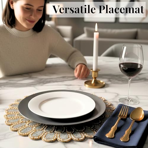 Beaded Placematss - 13” Round Charger Plates Handmade Glass Bead & Polyester Table Mats for Dining & Coffee Tables - Elegant Holiday & Home Décor (Ivory Gold) - ALPHA Living HOME - color: Gold Silver Light, size: Set of 1