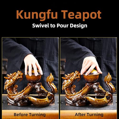 Chinese Gongfu Tea Set - Ceramic Teapot with Infuser, 8 Cups, Semi Automatic Dragon Design for Loose Leaf Tea - color: Yellow Dragon