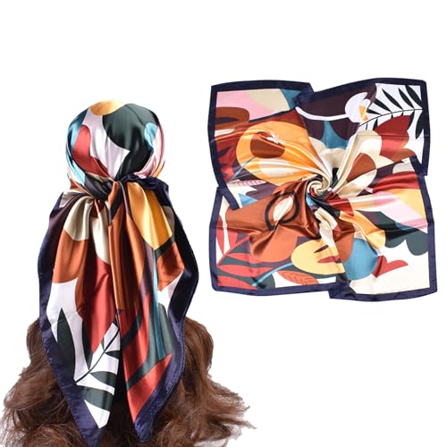 35 Inches Silk Head Scarf-Satin Hair Scarves Silk Bandana Scarf Headscarf for Women's Fashion Scarves - color: Colorful Sunflower - Navy Blue