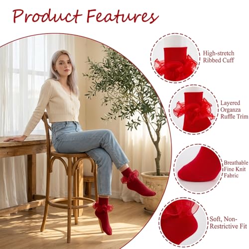 Big Ruffle Socks Women(Size 5-11) Turn Cuff Cotton Lace Frilly Socks - color: White,pink,light Pink,red, size: 9-11