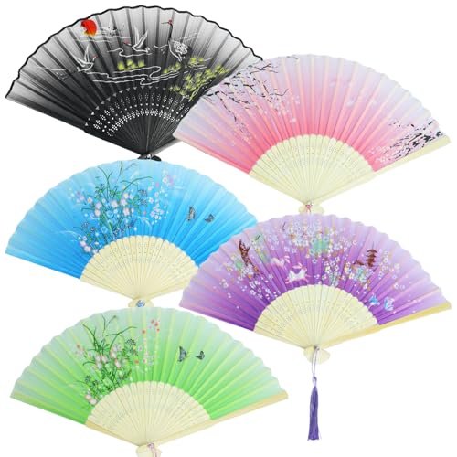 5 Pcs Foldable Chinese Hand Fans with Tassels,Folding Fan,Vintage Handheld Fans Decorations for Women Girls(Black,Pink,Blue,Purple,Green) - color: multicolor