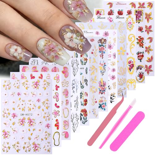 Flower Nail Stickers for Nail Art 12PCS 3D Self-Adhesive Nail Decals with Tweezers Floral Leaf Line Designs Manicure Decoration Spring DIY Charming Flowers Nails Supplies for Women - style: Flower Styles-02