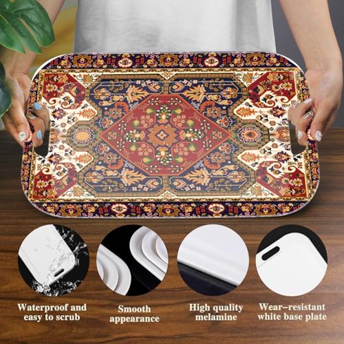 Serving Trays with Handles, 14.5 x 9.8 inch Rectangular Plastic Tray for Restaurant, Kitchen, Dark Red Pattern - color: Dark Red Pattern