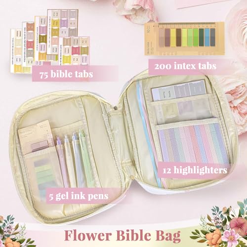 Bible Cover Case for Women,Bible Study Supplies Accessories,Bible Journaling Kit,Pink Flower Carrying Case with Highlighters