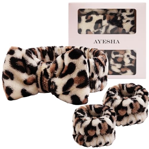 Ayesha Spa Headband and Wristband Set for Washing Face Skincare Makeup - color: leopard set