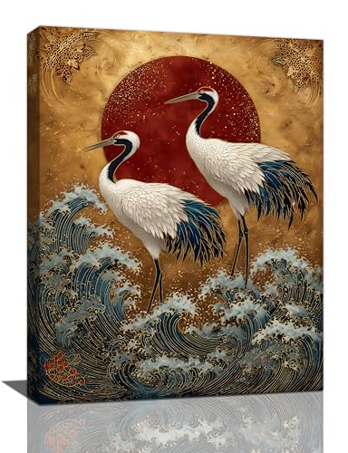 Japanese Crane Wall Art Gold Oriental Asian Wall Decor Sandhill Crane Canvas Pictures Paintings Prints Japan Traditional Aesthetic Artwork Framed Chinese Decorations For Bedroom Living Room Office Gifts 12" x 16" - color: Gold Crane, size: 16"L x 12"W