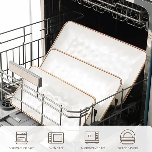 Ceramic Rectangle Serving Platter with Brown Rim: 15.6/14.1/12.6 Inch Large Serving Dishes for Entertaining Party, Sushi, Turkey, Cheese, Snack and Dessert, Microwave Dishwasher Safe - color: White, size: Rectangle