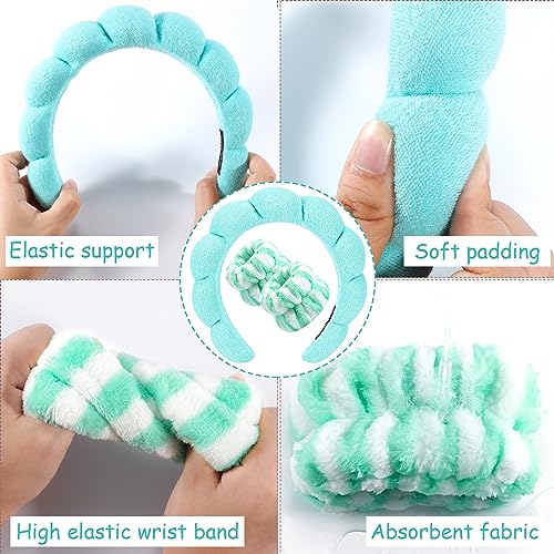 Zkptops Spa Headband for Washing Face Wristband Set Sponge Makeup Skincare Headband Terry Cloth Bubble Soft Get Ready Hairband for Women Puffy Padded Headwear Non Slip Thick Hair Accessory(Turquoise) - color: Turquoise