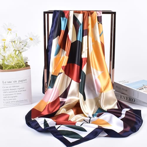 35 Inches Silk Head Scarf-Satin Hair Scarves Silk Bandana Scarf Headscarf for Women's Fashion Scarves - color: Colorful Sunflower - Navy Blue