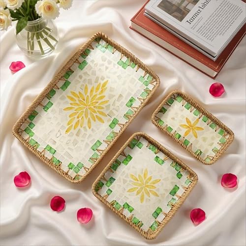 3 Pcs Rectangle Rattan Mother of Pearl Inlay Shell Decorative Serving Tray - color: Yellow Flower