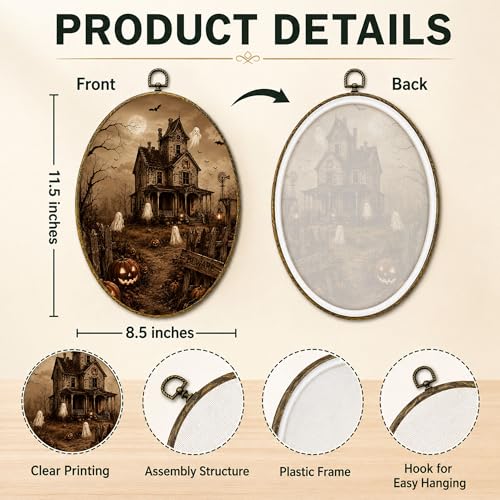Haunted House Ghost Oval Wall Art, Framed Canvas Decor, 8.5x11.5 Inch - color: Spooky Haunted House Ghost